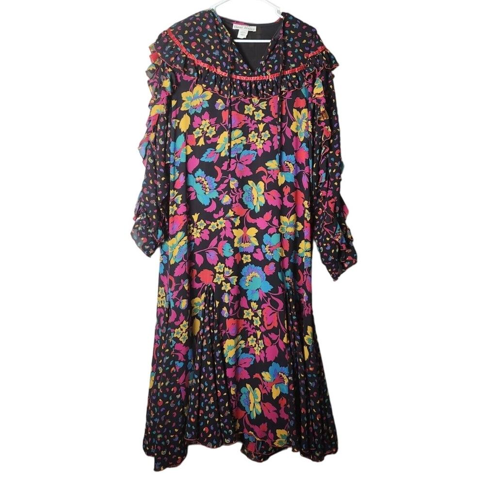 Elaine Jessley Maxi Dress Plus Size 18 Black Colorful Paisley Floral Ruffles‎